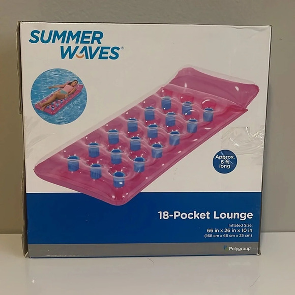 New In Box Summer Waves 18 Pocket 6 Foot Pink Inflatable Pool Lounge - Picture 2 of 3